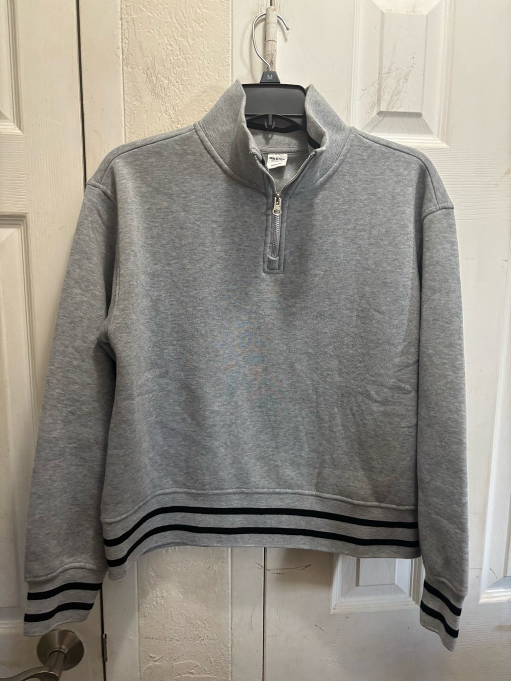 Ebb and Flow Classic Grey Half-Zip Pullover with Striped Hem